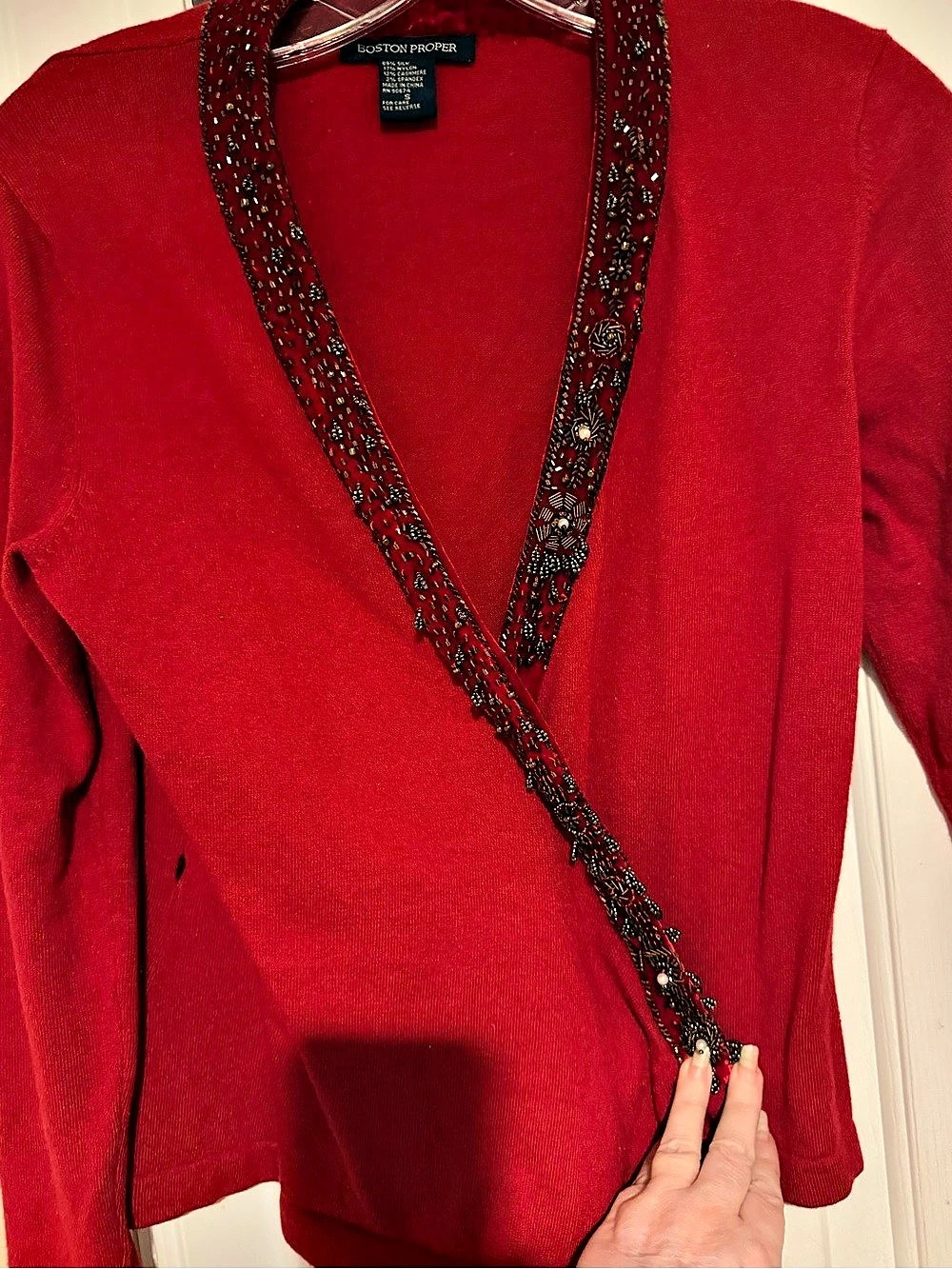 Boston Proper Embellished Trim Wrap Cardigan in Red Size Small